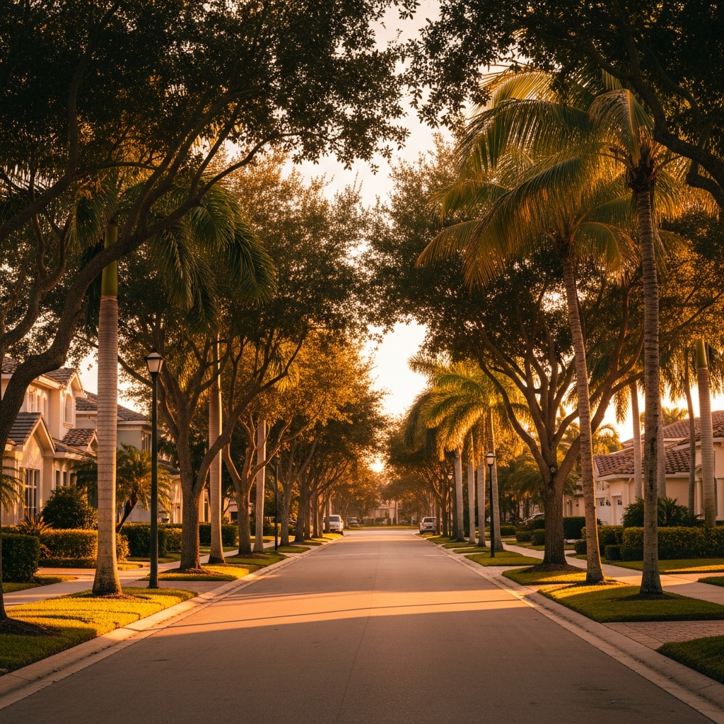 Warm South Florida neighborhood street at golden hour, tree-lined residential road, soft bokeh background, calm and inviting mood, warm amber tones, aspirational lifestyle real estate photography, vertical composition