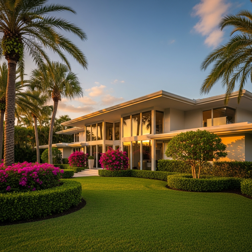 Upscale South Florida residential home exterior, Broward County, clean contemporary architecture, manicured lawn, late afternoon golden hour light, premium real estate listing photography, warm tones