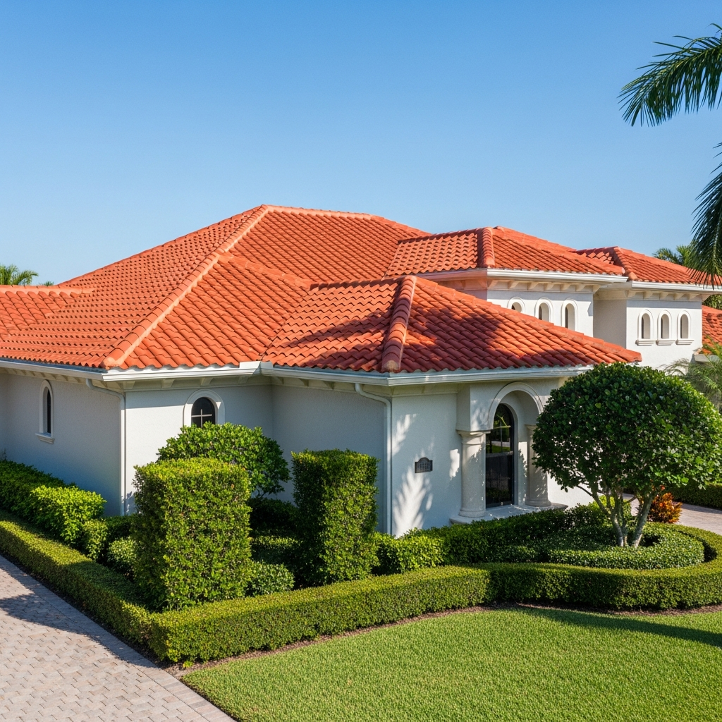 Modern South Florida home exterior, Davie or Plantation Florida suburb, Mediterranean-style tile roof, manicured hedges, bright noon light, clean residential real estate photo