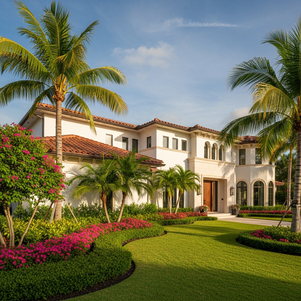 Luxury South Florida residential home, sunny exterior, warm afternoon light, lush tropical landscaping, clean modern architecture with Mediterranean influence, photorealistic, wide-angle, aspirational real estate photography