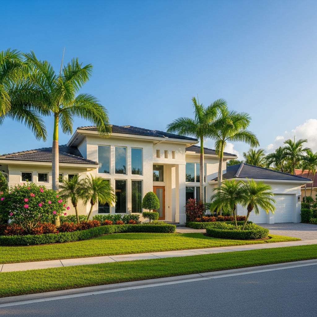 Modern single-family home exterior in South Florida, Tamarac neighborhood, blue sky, palm trees, well-maintained landscaping, residential real estate photography, warm natural light