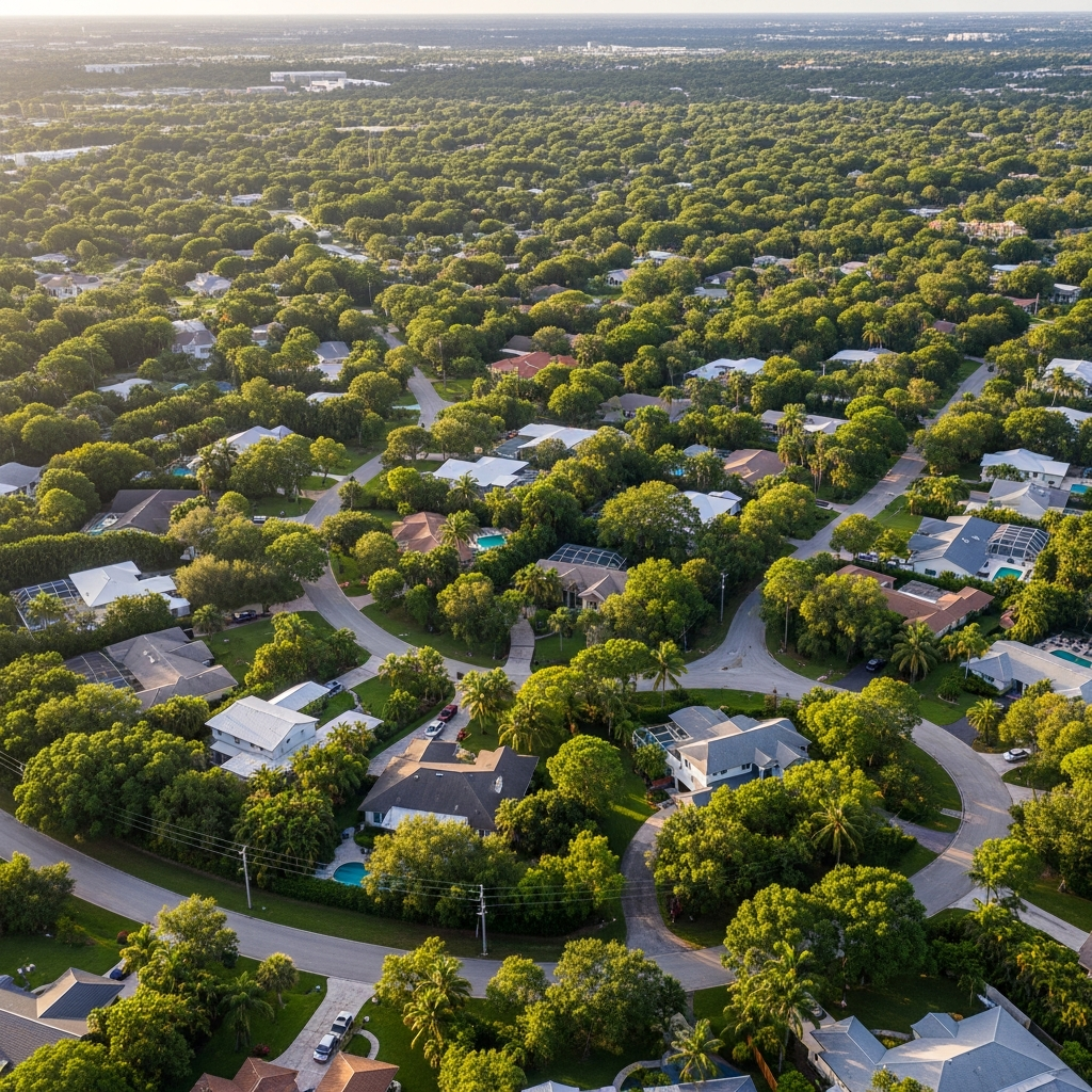 Aerial view of South Florida residential neighborhoods, lush tree canopy, winding roads, mix of single-family homes, Broward County, warm afternoon light, cinematic real estate photography, aspirational neighborhood overview